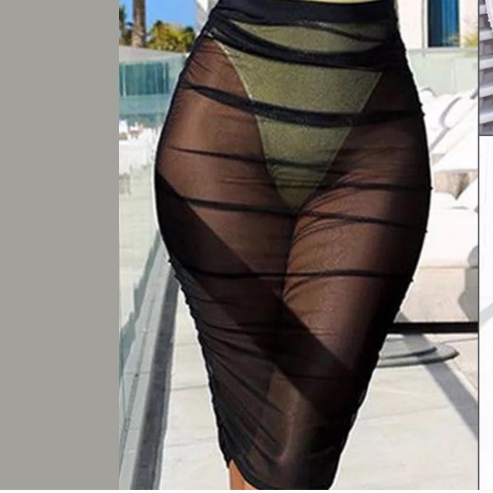 Black sheer pencil skirt mesh fishnet long sexy club swimsuit cover up bikini I2